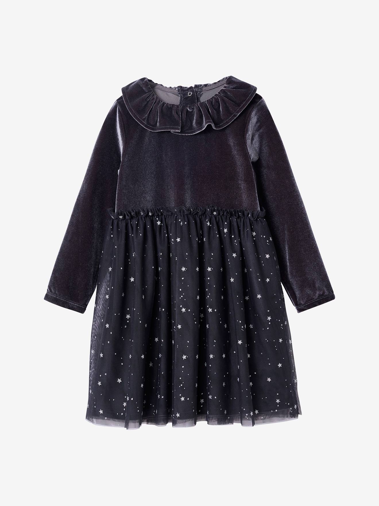 Girl's Christmas velvet dress with starry tulle anthracite