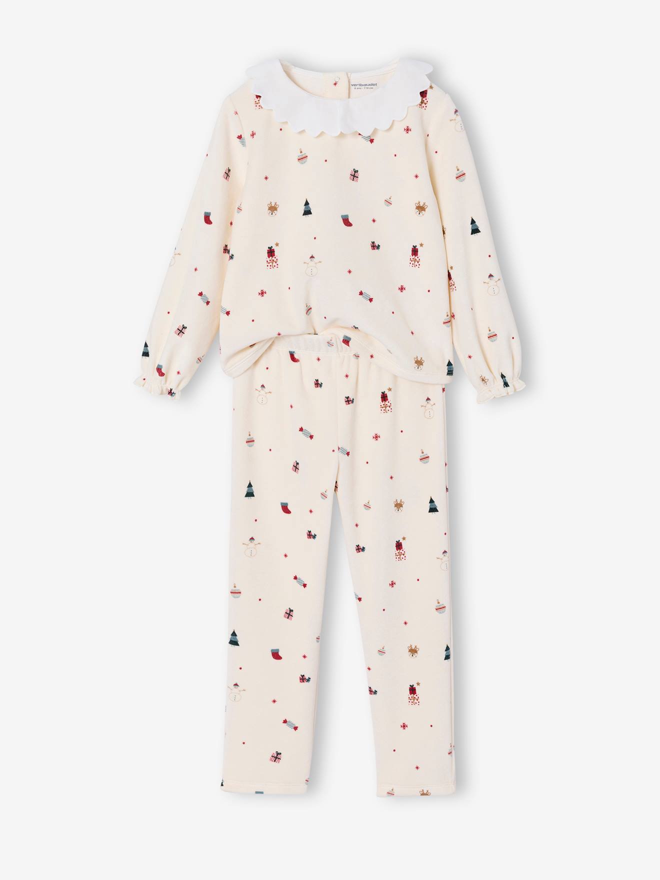 Girls' Velvet Pyjamas with Poplin Ruffle Collar ecru