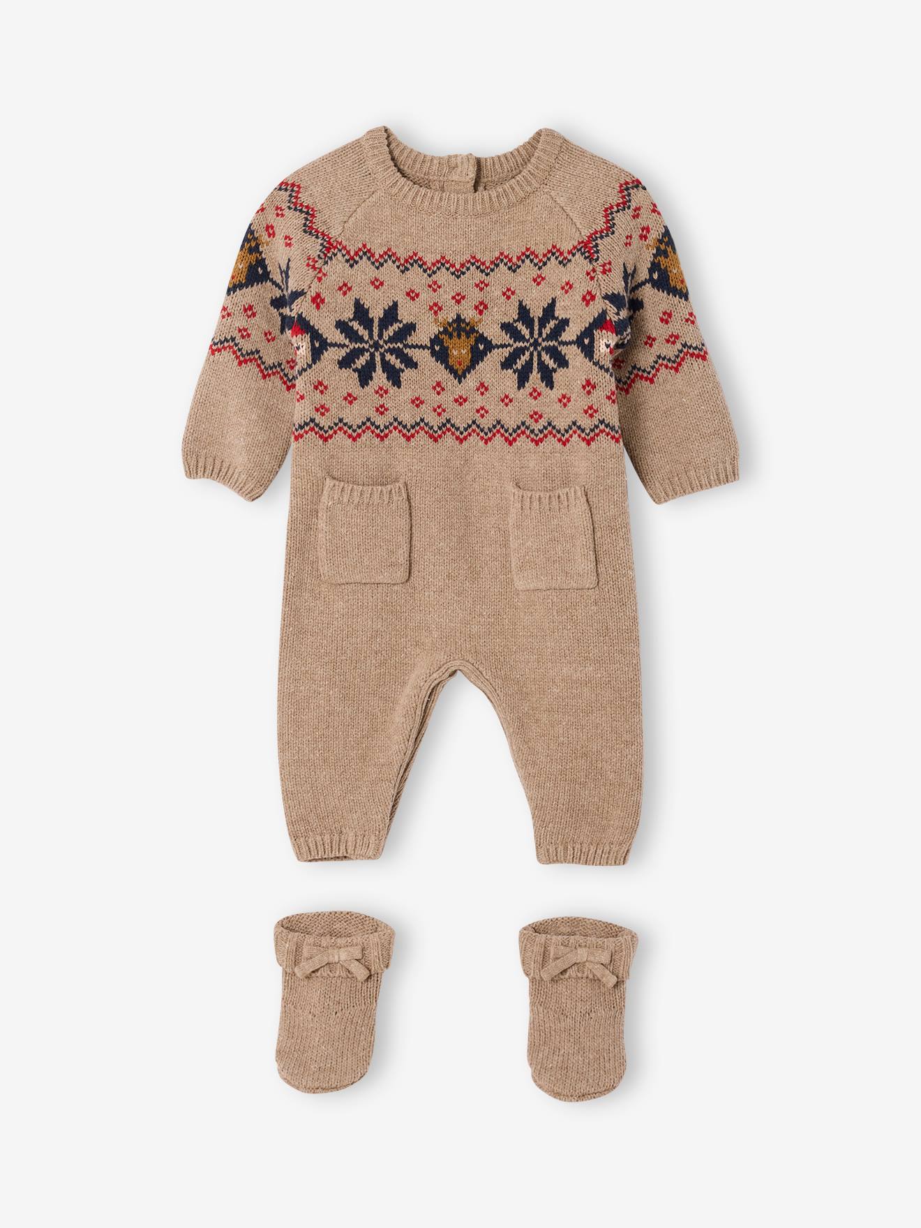 Newborn 2-piece Christmas knitted set: jumpsuit + socks marl