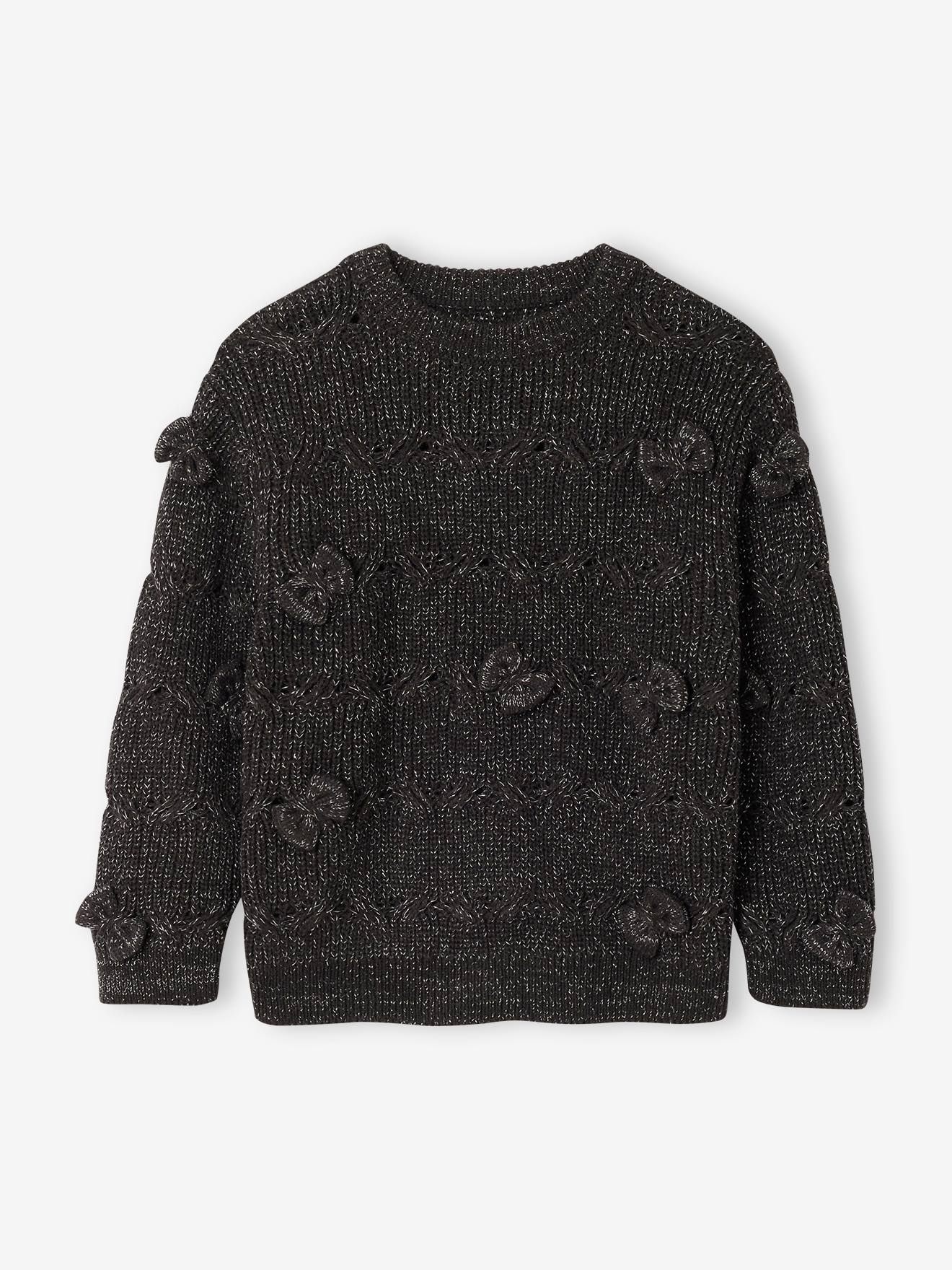 Girl's Christmas cable knit jumper with bows anthracite