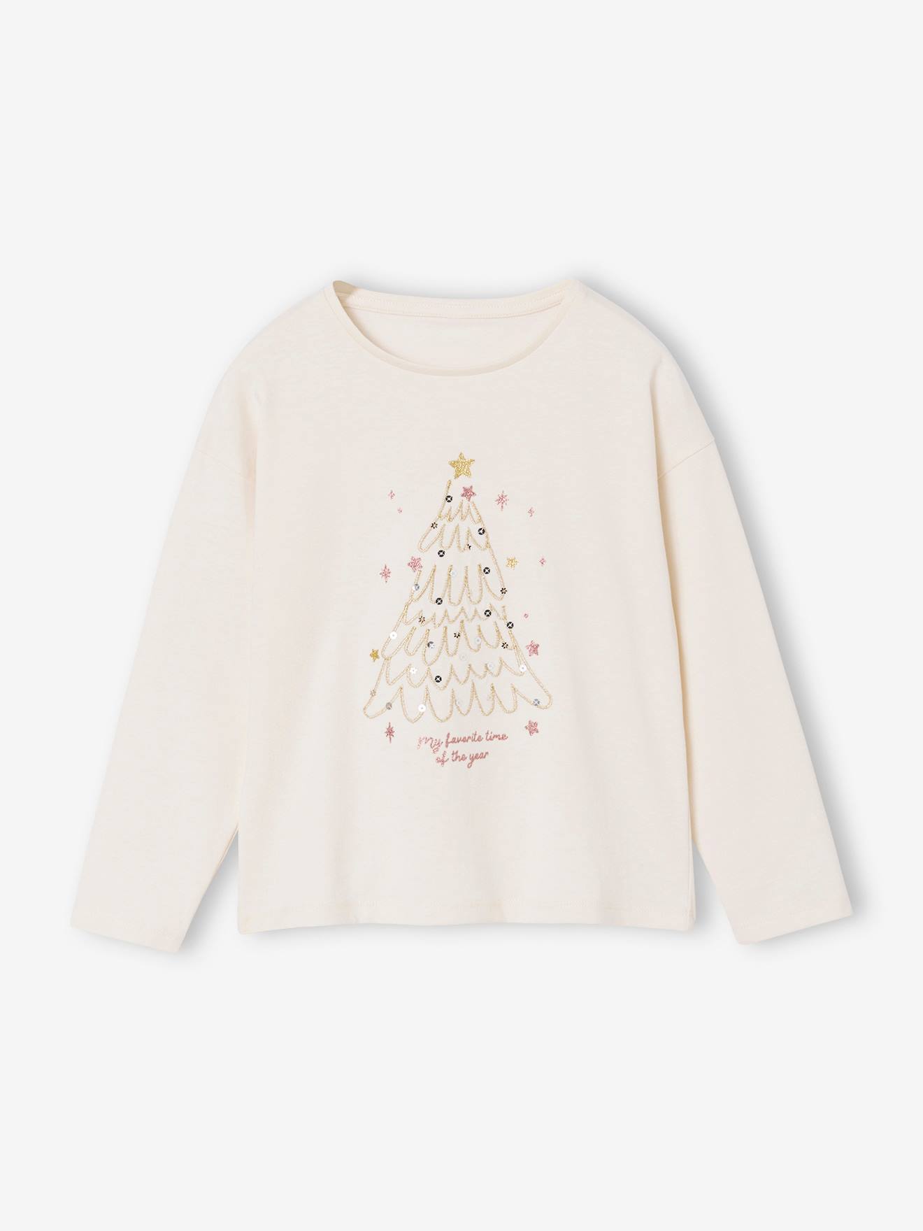 Christmas T-Shirt with Shiny Christmas Tree Motif & Long Sleeves ecru
