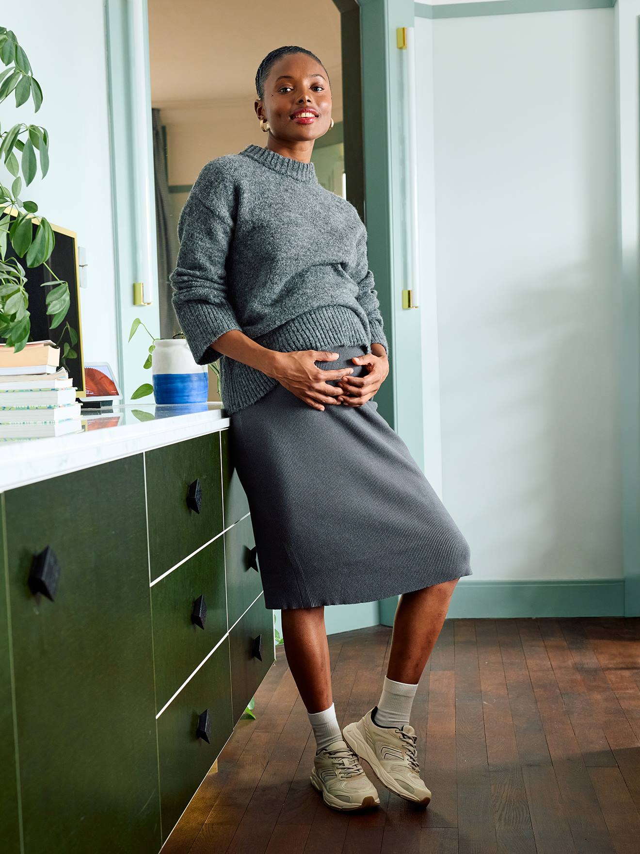 Ribbed knit maternity midi pencil skirt anthracite