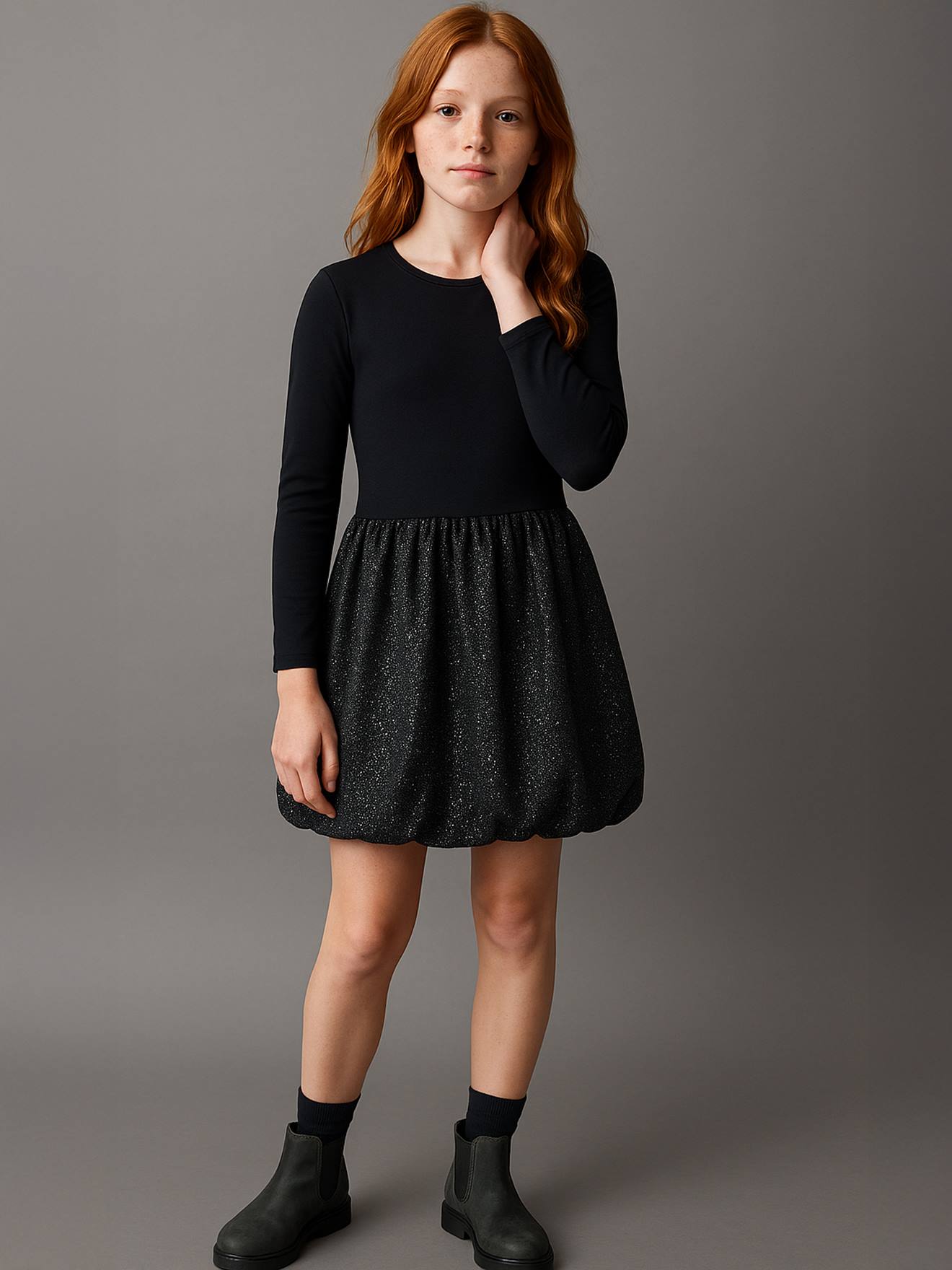 Girl's two-fabric bubble dress anthracite