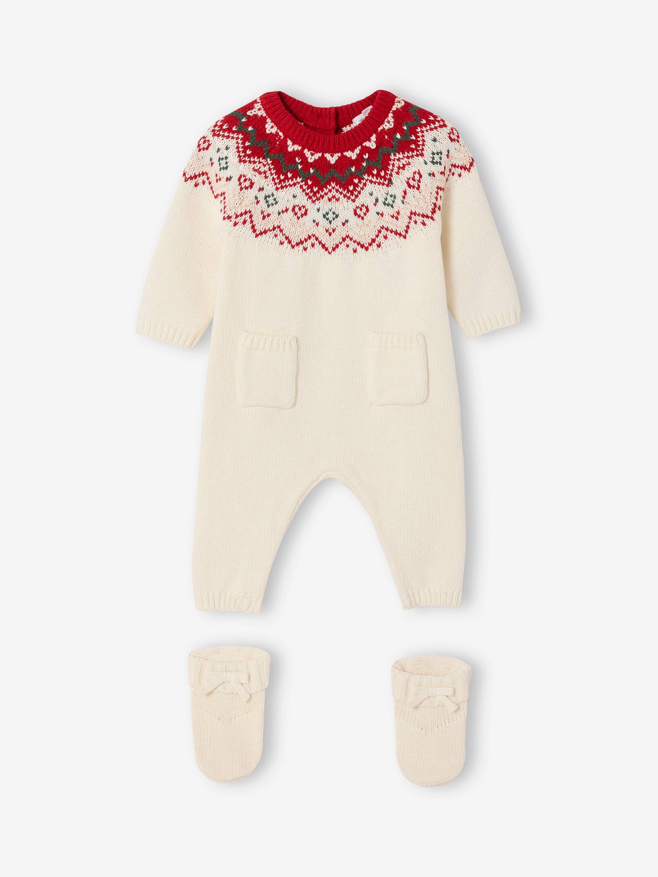 Knitted 2-Piece Christmas Set: Jumpsuit + Socks ecru
