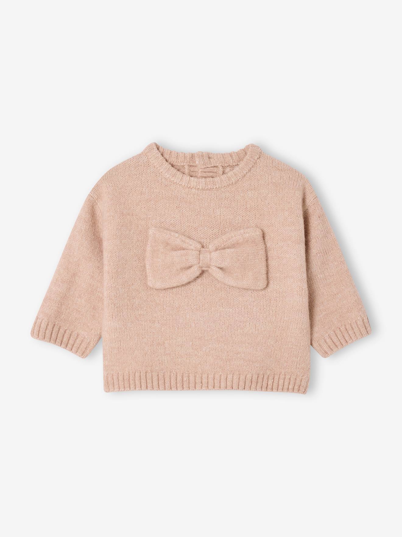 Knitted baby jumper with 3D bow rosy