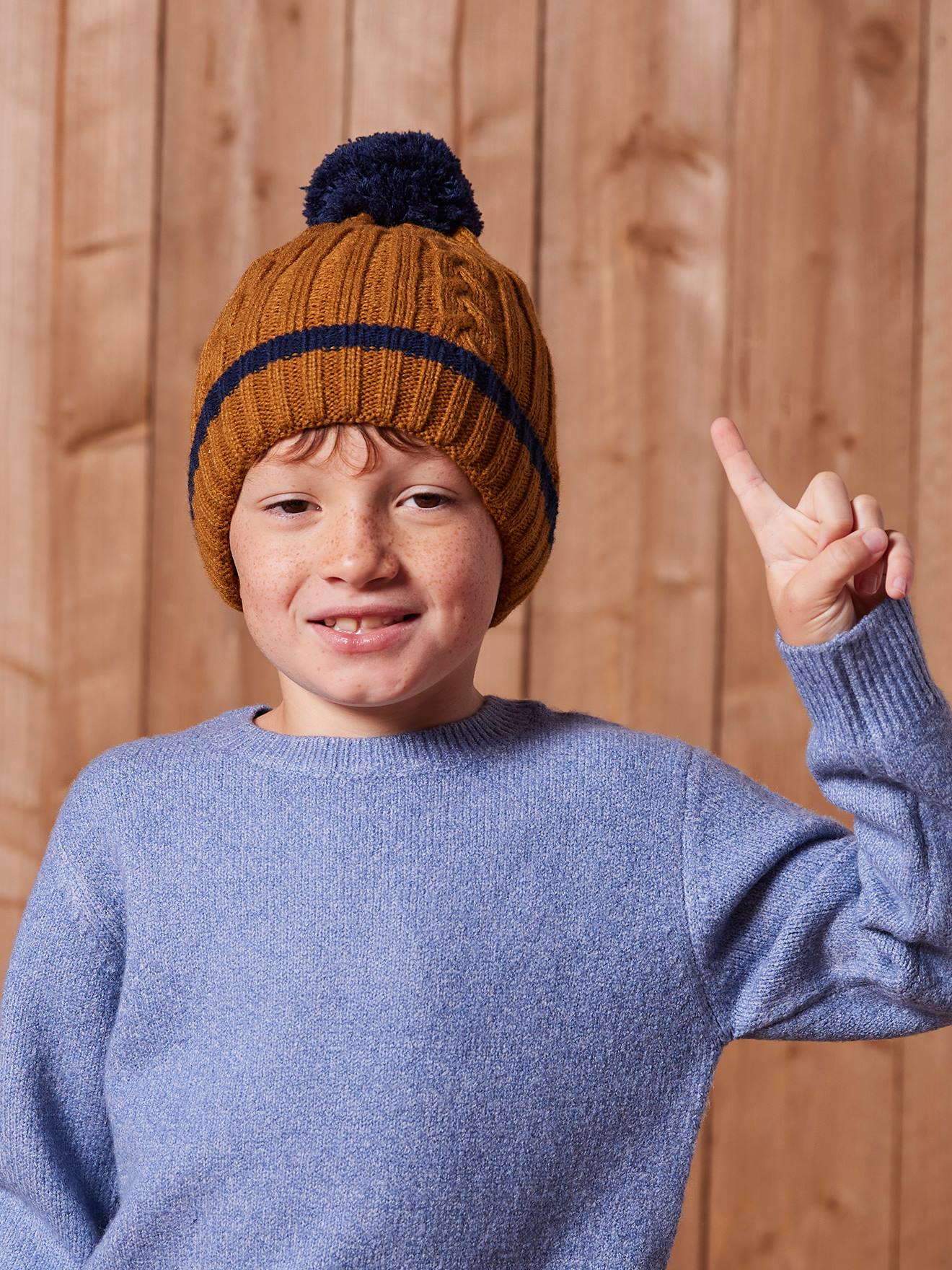 Boy's twisted set: beanie + snood + mittens gloves ochre